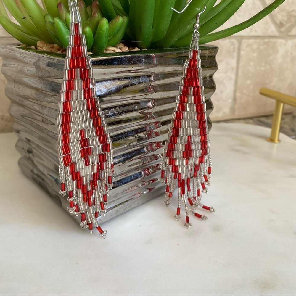 Red Silver Boho Hand-Crafted Beaded Earrings